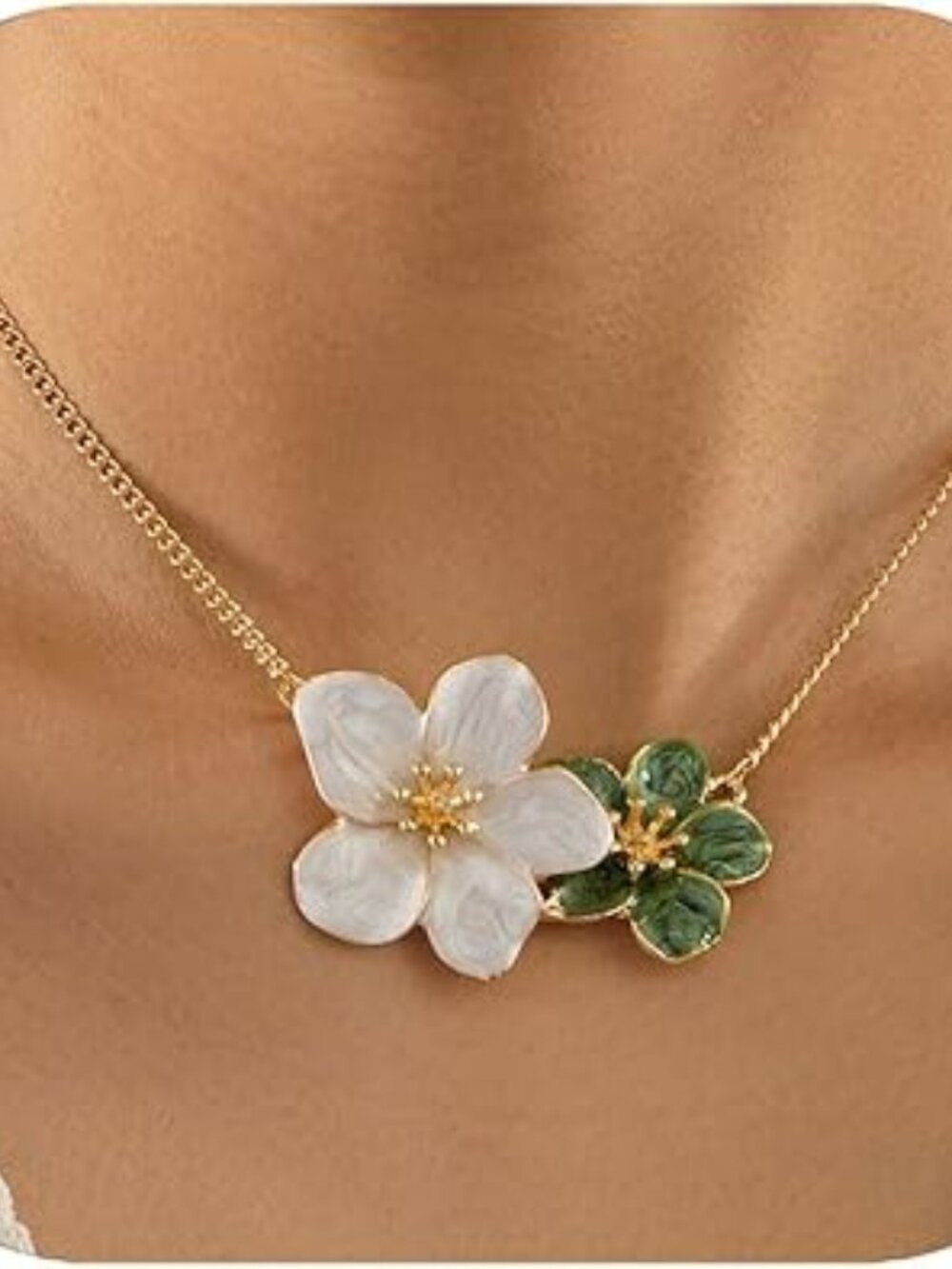 NEW Flower Necklace Floral Double Pendant Flower Statement Choker Gold Tone